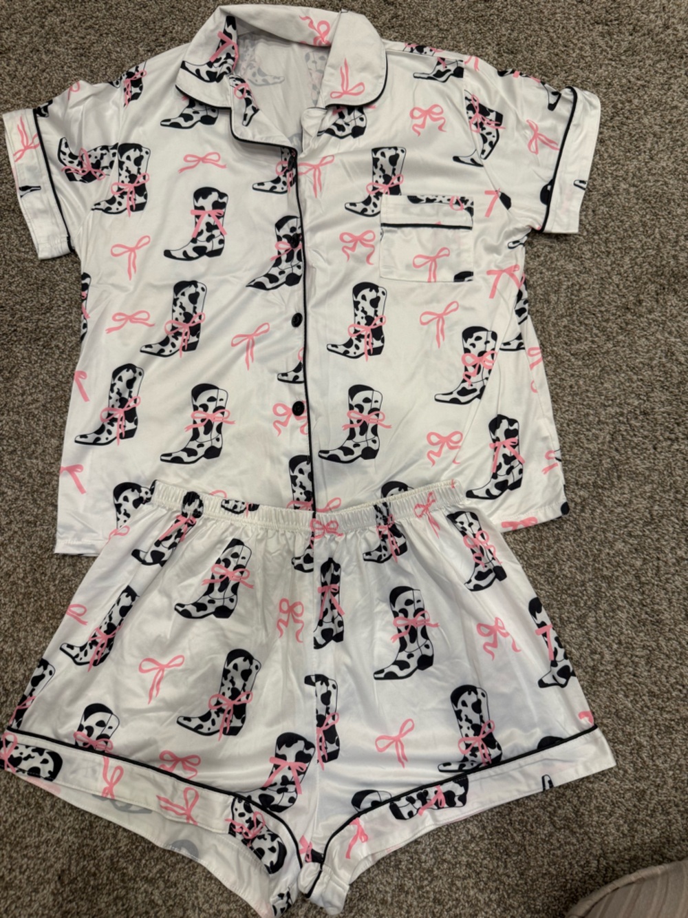 White Satin Pajama Set with Pink Bow & Black Cow-Print Boots